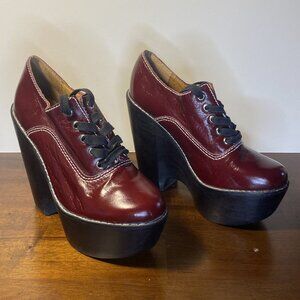 Jeffrey Campbell Tardy Lo Dark Red Leather Wood Platform Booties Women Size 5.5